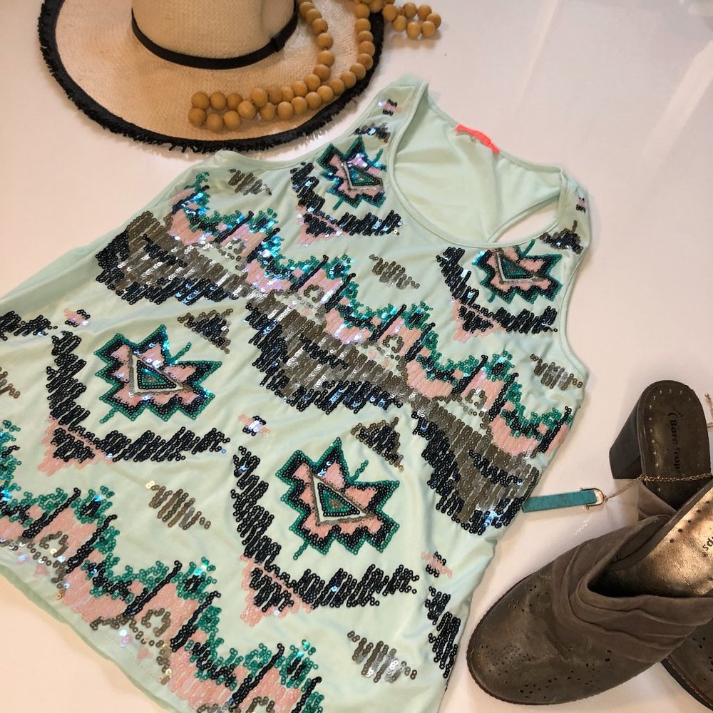 Lulumari Mint Sequin Aztec Sleeveless Shell Top